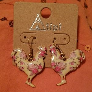 Floral print rooster earrings